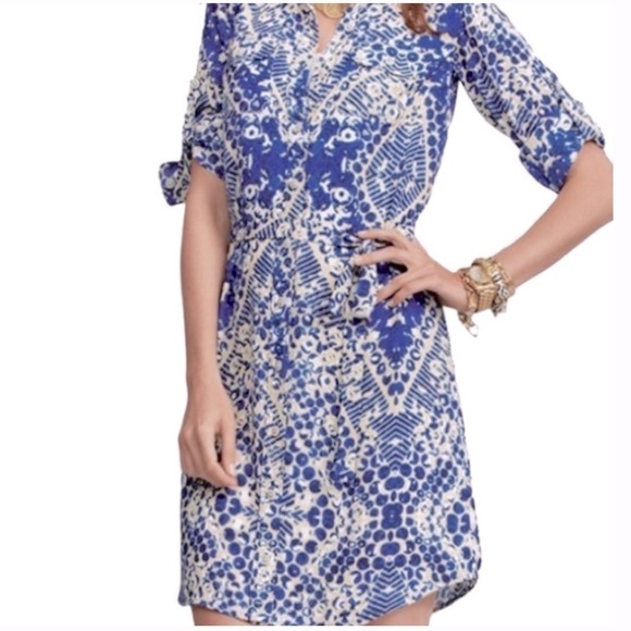 CAbi blue Jewel print button up shirt dress style # 422 roll tab sleeves… - Picture 3 of 11